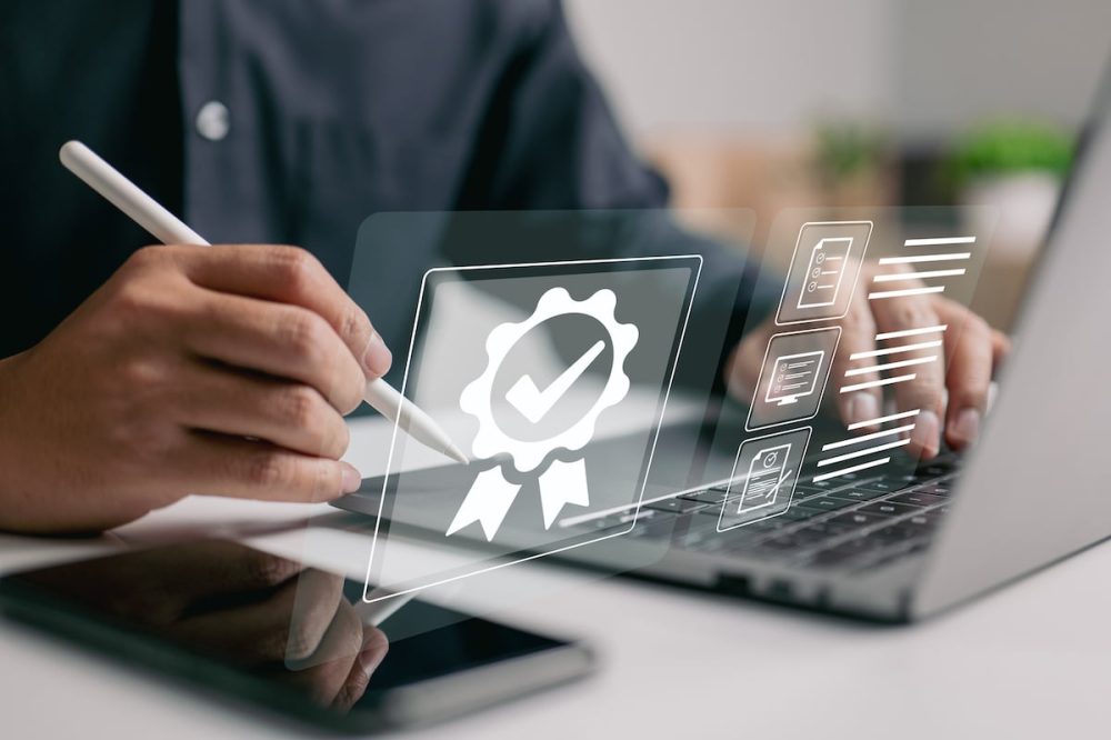 top-quality service guarantee and ISO certification and standardization idea emblazoned on the shoulders of a businessman top-quality service guarantee and ISO certification and standardization idea emblazoned on the shoulders of a businessman